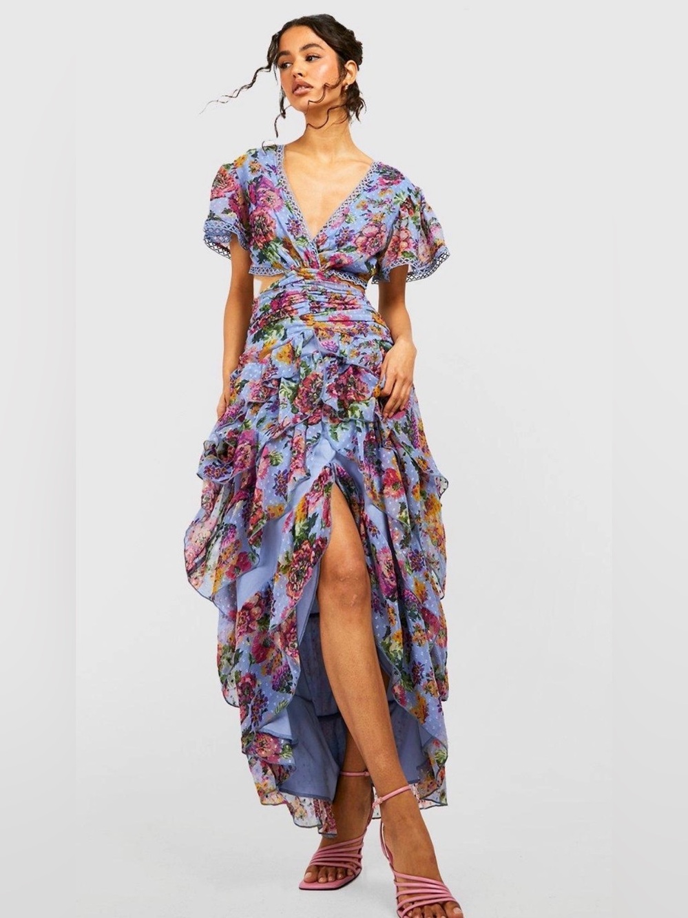 Boohoo Floral Dobby Cut Out Ruffle Maxi Dress Blue Boho Size 6 - Picture 3 of 10